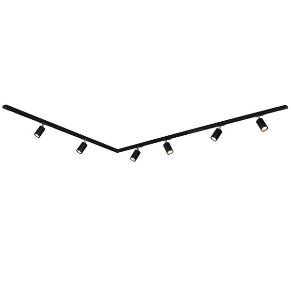 Schwarzes Schienensystem mit mehreren Strahlern zur Deckenbeleuchtung