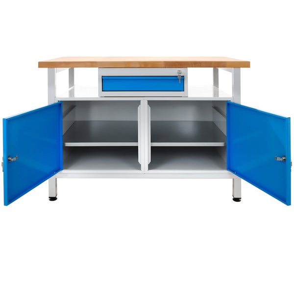 PROREGAL Werkbank Rhino mit Einzelschublade 2 Türen HxBxT 84 x 120 x 60 cm Traglast 300 kg Lichtgrau Blau