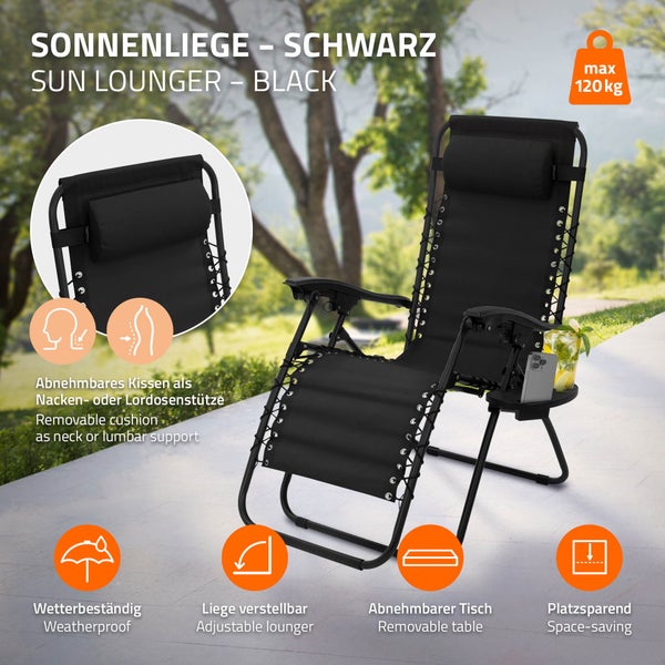 ML-Design Sonnenliege klappbar Schwarz, Liegestuhl mit verstellbarem Kopfpolster & Rückenlehne, Gartenliege wetterfest mit Schnürsystem, Zero Gravity Outdoor Relaxliege, Gartenstuhl mit Getränkehalter