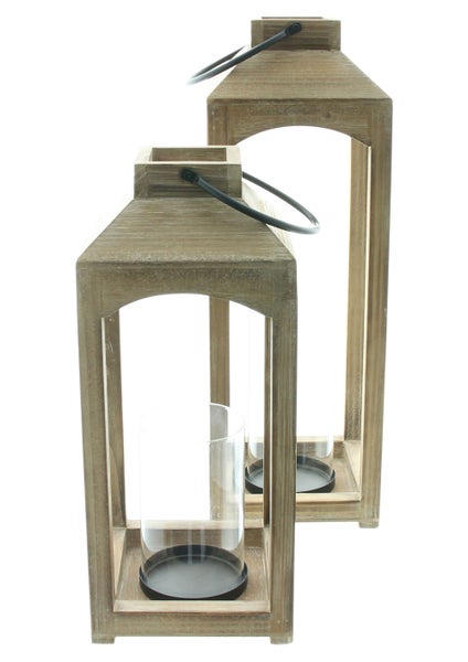 FRANK FLECHTWAREN | Laterne Wood, 2er Set, HOLZ, METALL, GLAS, 16,5 x 16,5 x 38,5 cm, 16,5 x 16,5 x 48 cm