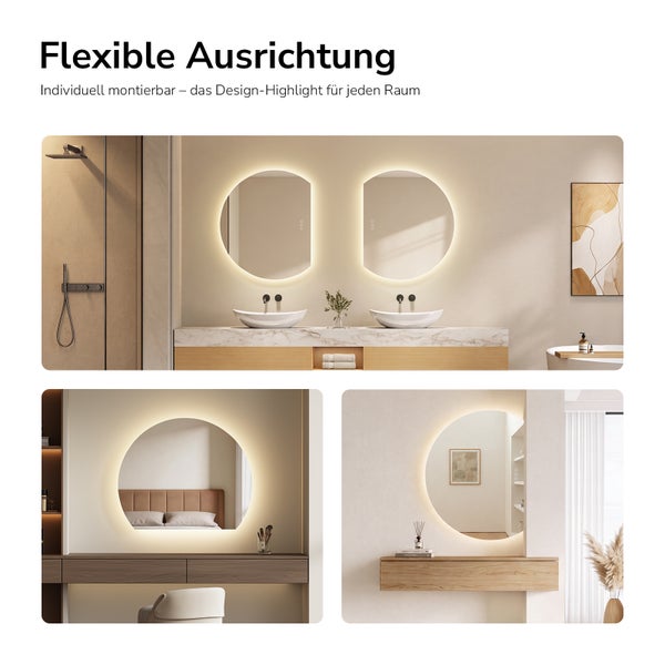 D-förmige LED-Spiegel mit indirekter Beleuchtung in Badezimmer, Schlafzimmer und Flur. Flexibel und individuell montierbar.