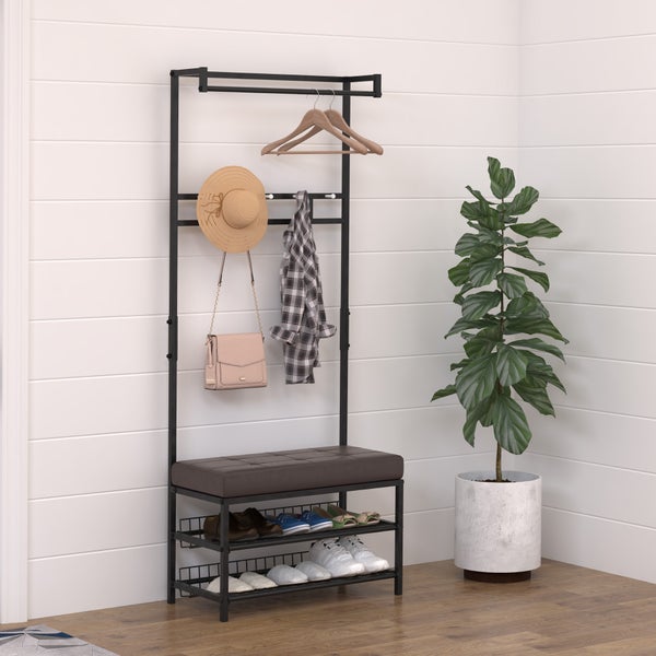HOMCOM Garderobenständer Garderobenbank Kleiderständer Schuhregal mit Sitzfläche Garderobe mit Sitzfläche und 2 Schuhablagen, Metall, 72,5x35x180cm
