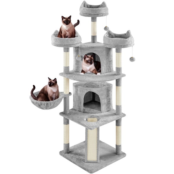 Grauer Kratzbaum mit Liegeflächen und Katzen