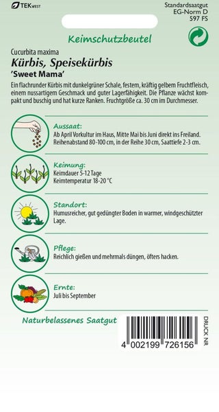 Kürbis 'Sweet Mama' Saatgutpackung mit Informationen zu Aussaat, Keimung, Standort, Pflege und Ernte