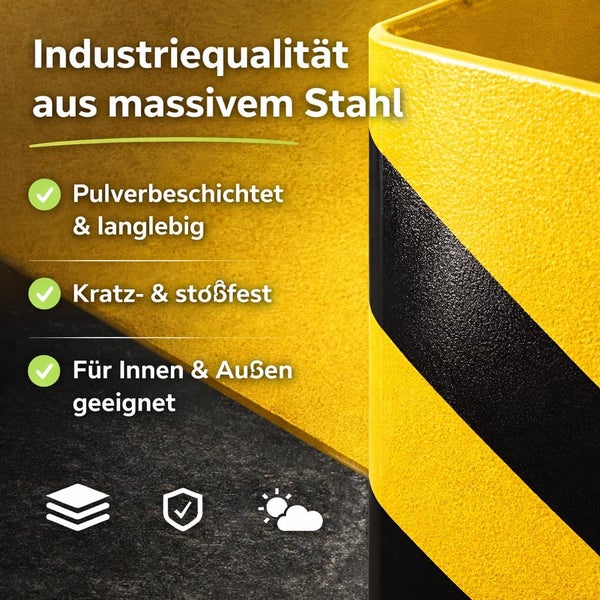 Rammschutz aus massivem Stahl in Industriequalität, pulverbeschichtet, langlebig, kratzfest und stoßfest, für Innen- und Außenbereiche geeignet.