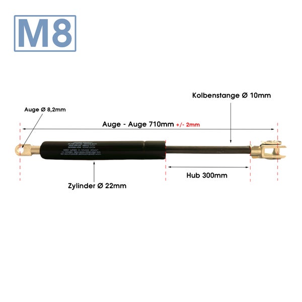 Gasdruckfeder mit Gewinde M8, Augenanschluss 8,2 Millimeter Durchmesser, Hub 300 Millimeter und Gesamtlänge 710 Millimeter.