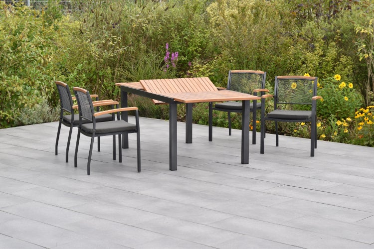 Tilos Gartenmöbelset 9tlg., Stapelsessel inkl. Auflagen, Ausziehtisch 150 (200) x 90 cm