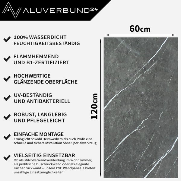Aluverbund24 Logo. PVC Wandpaneel mit Marmoroptik, 60 x 120 cm, wasserdicht, feuchtigkeitsbeständig, schwer entflammbar und B1-zertifiziert, hochwertige glänzende Oberfläche, UV-beständig, antibakteriell, robust, langlebig und pflegeleicht, einfache Montage und vielseitig einsetzbar.