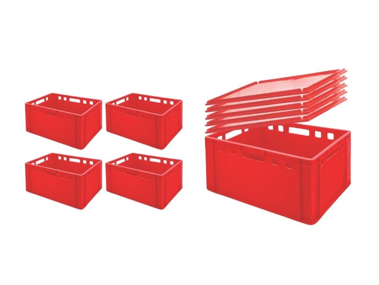 PROREGAL SparSet 5x Eurobehälter Fleischerkasten E3 mit Auflagedeckel HxBxT 30 x 40 x 60 cm 59 Liter Rot Fleischerkiste Fleischkiste Metzgerkiste