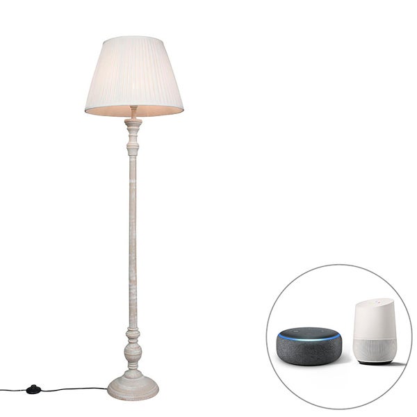 QAZQA - Retro Smarte Stehleuchte I Stehlampe I Standleuchte I Lampe I Leuchte grau mit weißem Plisseeschirm inkl. WLAN A60 - Classico Dimmer I Dimmbar I Wohnzimmer I Schlafzimmer - Holz Rund - LED gee