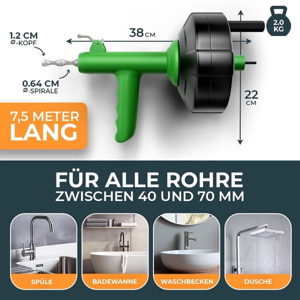 Grüne Rohrreinigungsspirale, 7,5 Meter lang, für Rohre von 40 bis 70 Millimeter, 2,0 Kilogramm, für Spüle, Badewanne, Waschbecken und Dusche.