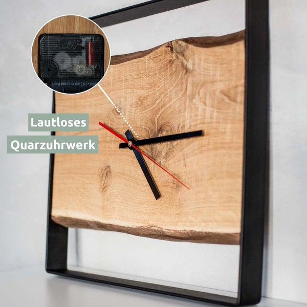 holz4home Quadratische Wanduhr mit Stahlrahmen aus massiver Eiche