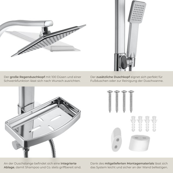 Installationsschema für eine Badewanne mit Duschwand und Abmessungen.