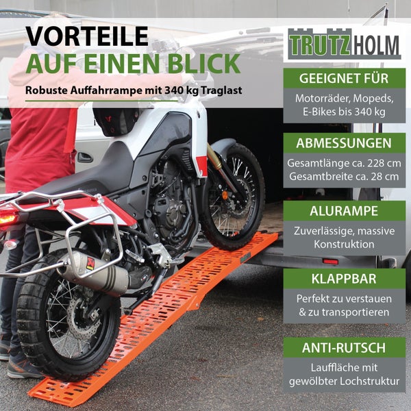 Infografik zur Trutzholm Auffahrrampe aus Aluminium mit 340 Kilogramm Traglast für Motorräder, klappbar und mit rutschfester Oberfläche.