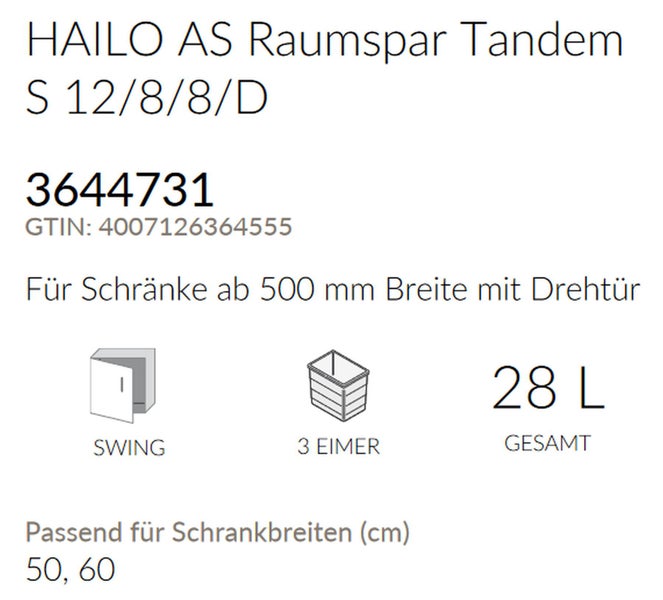 HAILO AS Raumspar Tandem Abfalleimer für Drehtüren ab 500 Millimeter Breite