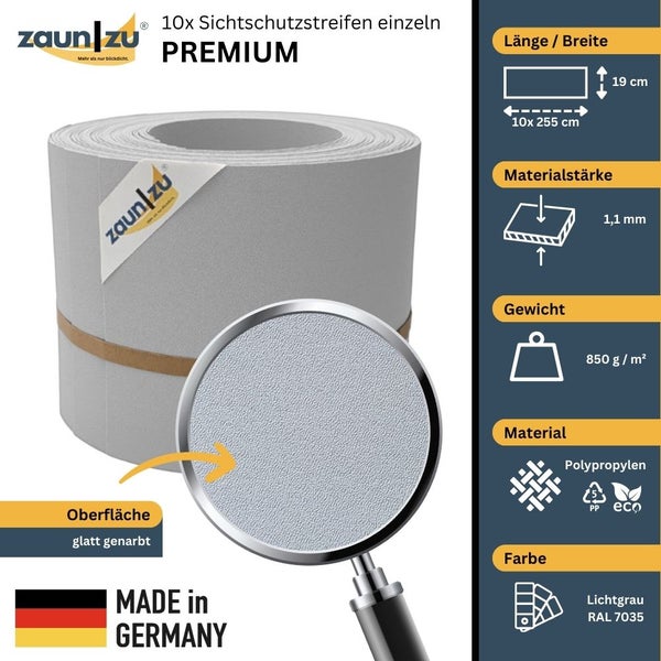 Zehn Sichtschutzstreifen aus Polypropylen, 19 cm x 255 cm, hellgrau