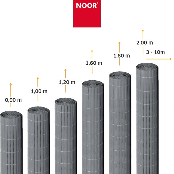 Noor Logo und verschiedene Rollen Sichtschutzmatte in Höhen von 0,90 Meter bis 2,00 Meter und Längen von 3 bis 10 Meter.