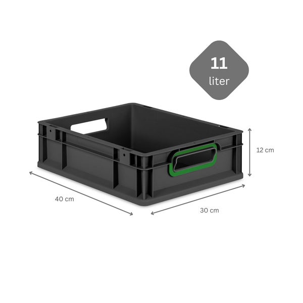 PROREGAL SuperSparSet 10x Eurobox NextGen Color mit Scharnierdeckel und Schiebeschnappverschlüssen, HxBxT 12x30x40cm, 11 Liter, Schwarz, Griffe grün offen, Eurobehälter, Transportbox, Transportbehälter, Stapelbehälter