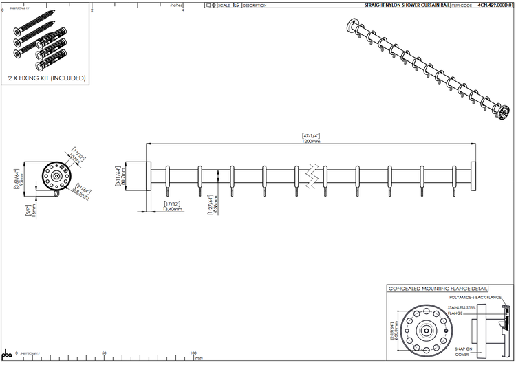 Maßzeichnung einer geraden Duschvorhangstange aus Nylon, Länge 1200 Millimeter, inklusive Befestigungsringen und Montageset.