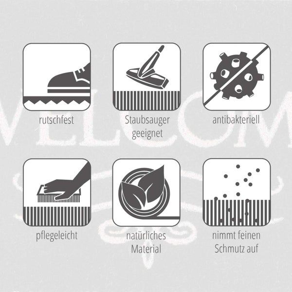 Symbole für Rutschfestigkeit, Staubsauger geeignet, antibakteriell, pflegeleicht, natürliches Material und nimmt feinen Schmutz auf.