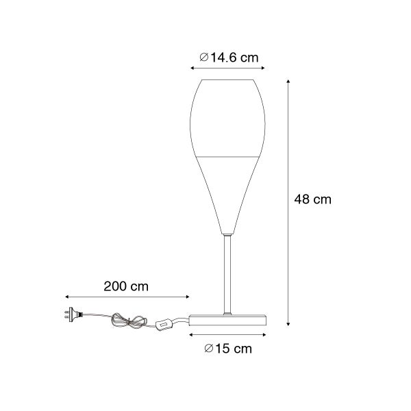 Abbildung mit Maßen einer Tischleuchte: Höhe 48 cm, Lampenschirmdurchmesser 14,6 cm, Fußdurchmesser 15 cm, Kabellänge 200 cm