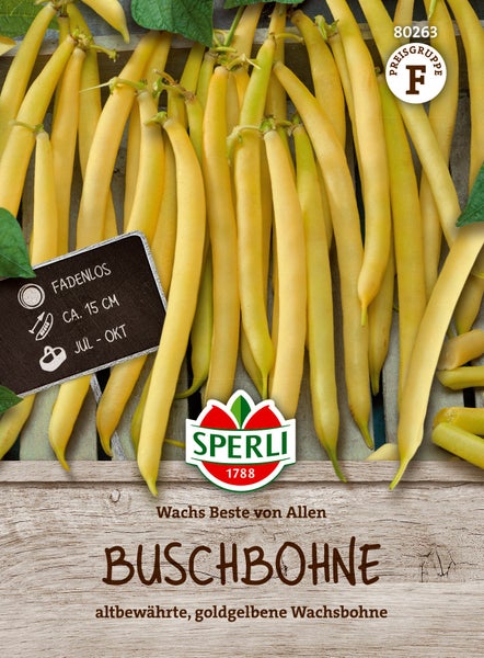 Sperli Saatgut Buschbohne Wachs Beste von Allen für den Gartenanbau, fadenlos mit etwa 15 Zentimeter langen Hülsen, Erntezeit Juli bis Oktober.