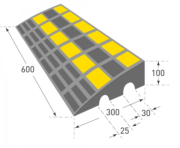 UvV Bordsteinrampe, Anfahrrampe Hartgummi schwarz gelb reflektierend Schwerlast 40t belastbar, Höhe 100 mm, Breite 60 cm