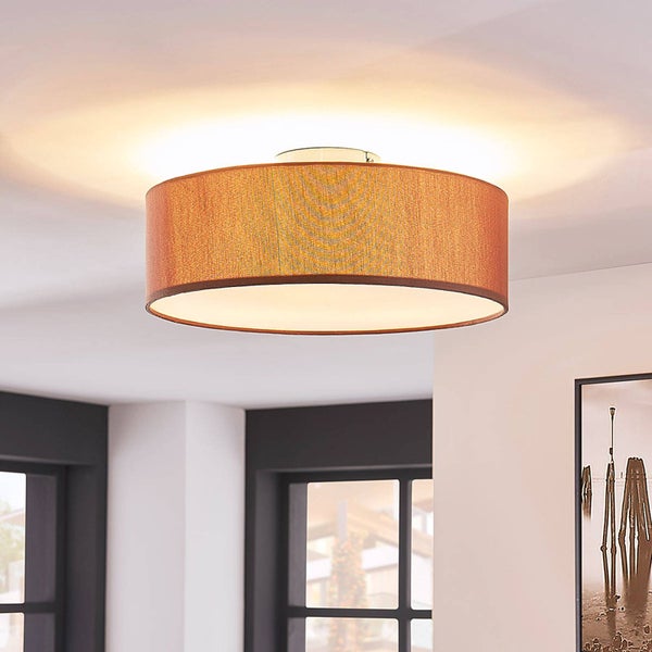 Lindby LED Textil Deckenleuchte rund 40 cm, Deckenlampe Stoff braun 3xE27 max. 60W ohne Leuchtmittel Wohnzimmerleuchte