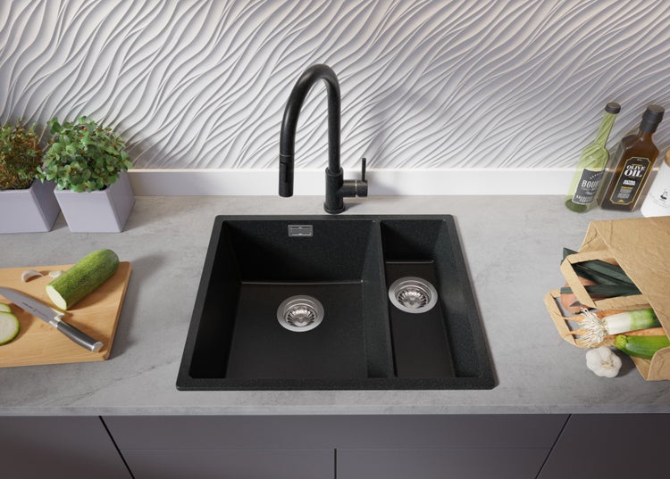 PRIMAGRAN Spülbecken Anthrazit 56x47cm, Granitspüle 1,5 Becken + Ablauf-Set, Küchenspüle ab 60er Unterschrank - London Slim Duo