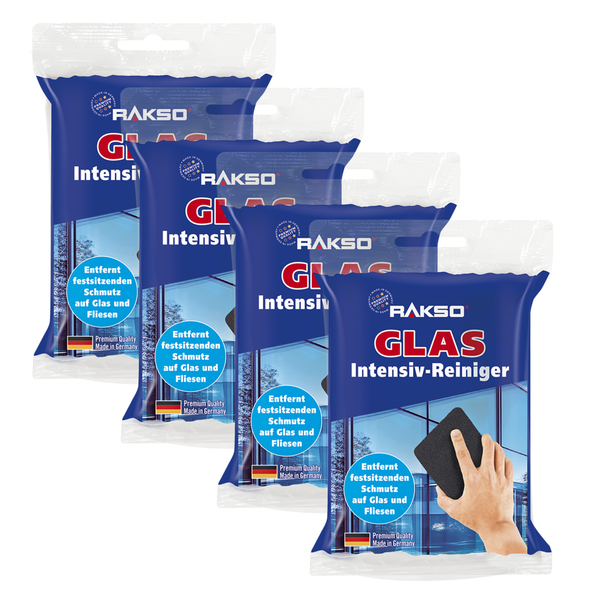Vierer-Set Rakso Glas-Intensiv-Reiniger, Reinigungspads für hartnäckigen Schmutz auf Glas und Fliesen, Premium-Qualität hergestellt in Deutschland.