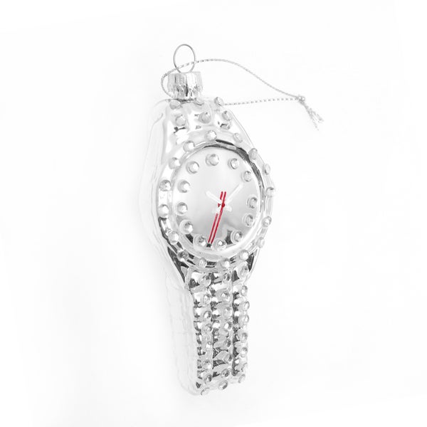 Glasornament Sub Culture Xmas, Uhr Silber mit Strasssteinen, 10cm, 1 Stck.