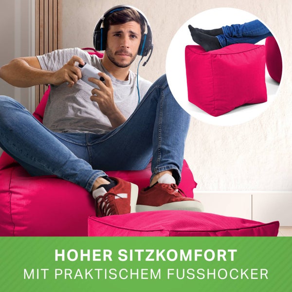 Green Bean 2er Set Sitzsack + Hocker - fertig befüllt - robust waschbar schmutzabweisend - Kinder & Erwachsene Bean Bag Bodenkissen Lounge Sitzhocker Relax-Sessel Gamer Gamingstuhl Pouf - Pink