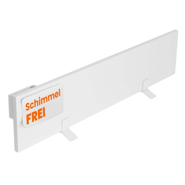 Flaches, weißes Heizpaneel gegen Schimmel mit Standfüßen zur Wandmontage oder zum Aufstellen.