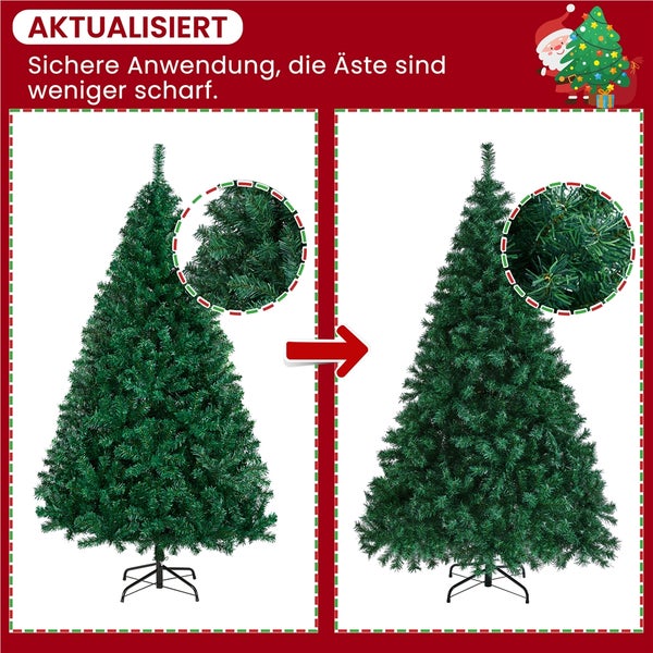 Vorher-Nachher-Darstellung eines aktualisierten künstlichen Weihnachtsbaums mit weniger scharfen Ästen