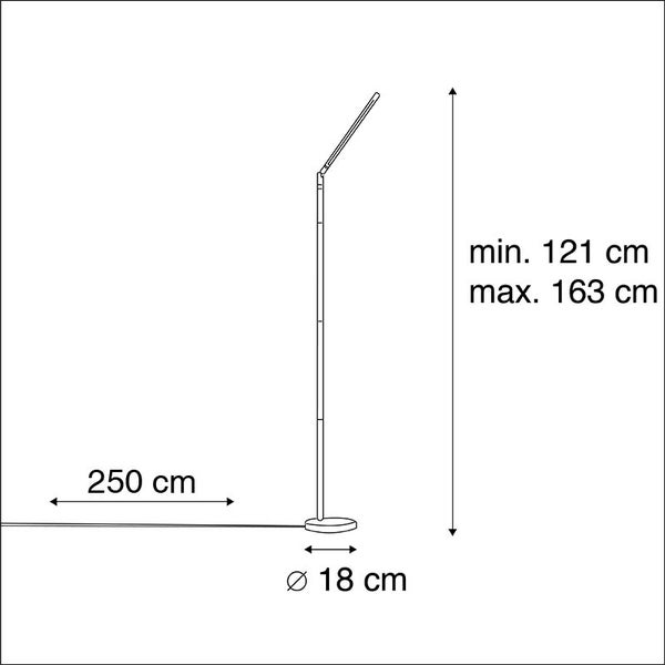 Abmessungen einer Stehlampe mit einer Höhe von 121 cm bis maximal 163 cm, einem Fußdurchmesser von 18 cm und einer Kabellänge von 250 cm.