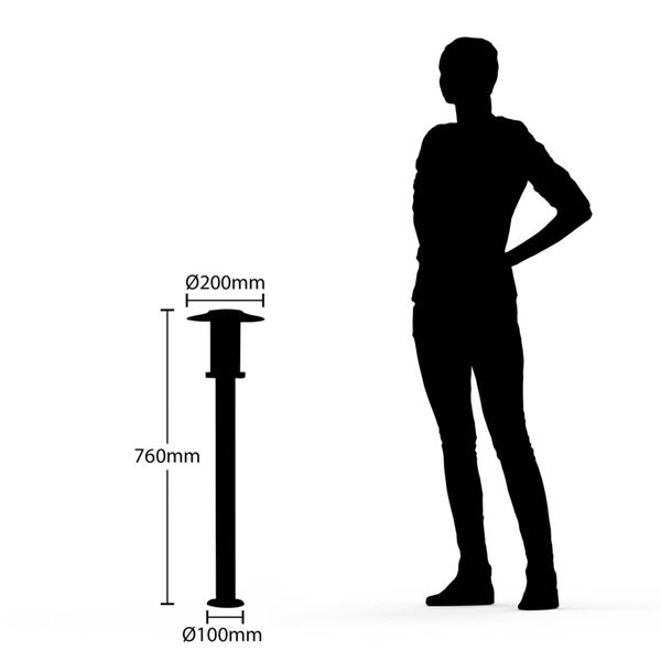 Maßzeichnung einer Außen-Pollerleuchte im Größenvergleich zu einer Person, Höhe 760 Millimeter, Durchmesser oben 200 Millimeter, Sockel 100 Millimeter.