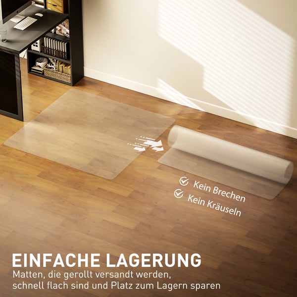 Transparente Bodenschutzmatte auf Holzboden, flach liegend und eingerollt. Einfache Lagerung ohne Brechen oder Kräuseln.