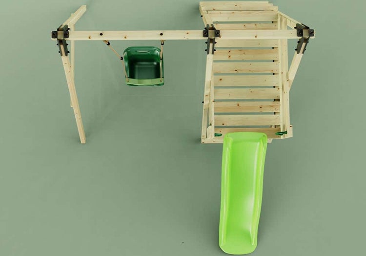 Spielturm aus Holz mit grüner Schaukel und Rutsche in der Draufsicht.