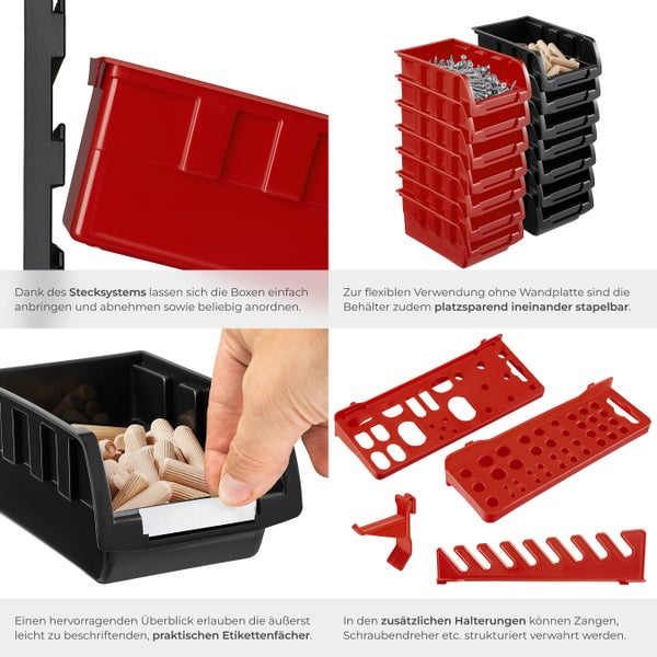Kleinteilemagazin tectake  inklusive Halterungen für Werkzeug und Zubehör 88-teilig, mit 4 Wandplatten schwarz