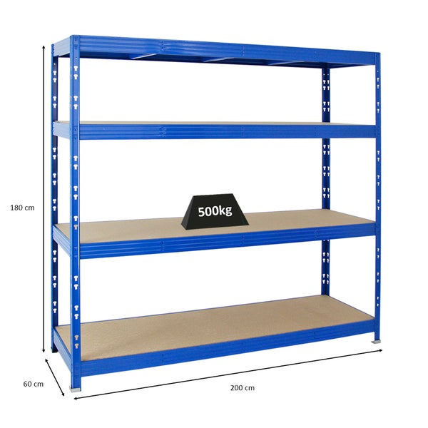 PROREGAL Profi Schwerlastregal Rhino HxBxT 180 x 200 x 60 cm 4 Spanplatten-Ebenen 8mm Fachlast 500 kg Blau