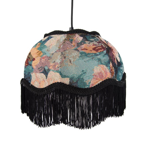Hängelampe mit textilen Lampenschirm mit floralem Muster und schwarzem Fransenbesatz