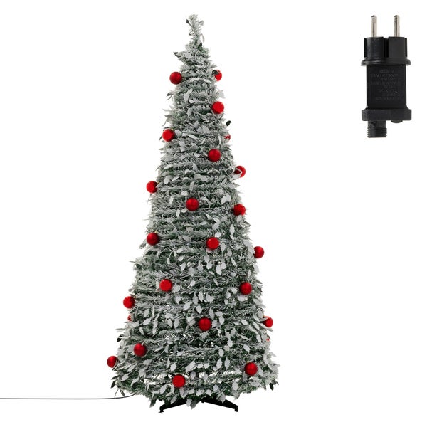 Künstlicher, beschneiter Weihnachtsbaum mit integrierter Beleuchtung und roten Kugeln inklusive Netzstecker