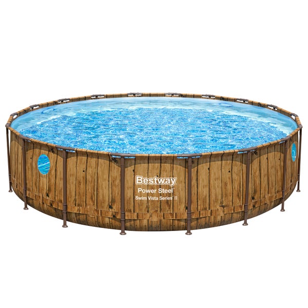 Bestway Power Steel Swim Vista Series II runder Rahmenpool mit Holzoptik und integrierten Sichtfenstern. Bestway Logo.