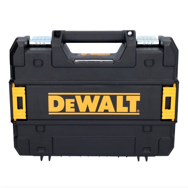 DeWALT Werkzeugkoffer aus robustem Kunststoff mit Tragegriff und seitlichen Clips.