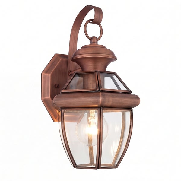 Kupferfarbene Wandleuchte mit klarem Glas für den Außenbereich.