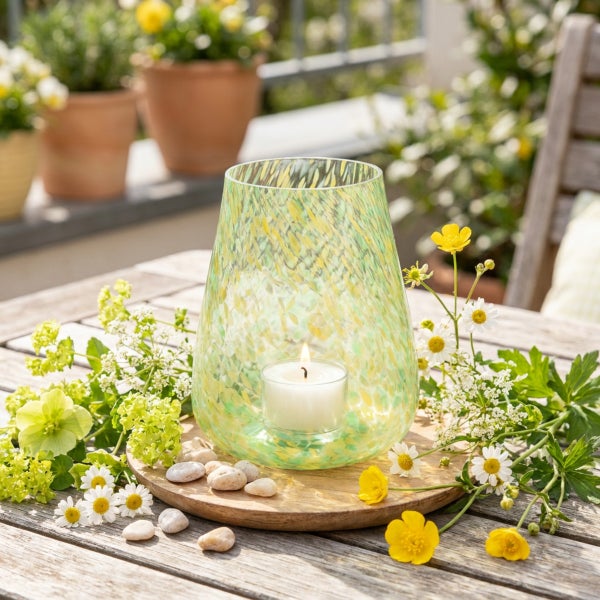 Windlicht aus Glas mit Sprenkelmuster auf einem Holztablett mit einer brennenden Kerze, dekoriert mit Blumen und Steinen auf einem Gartentisch.