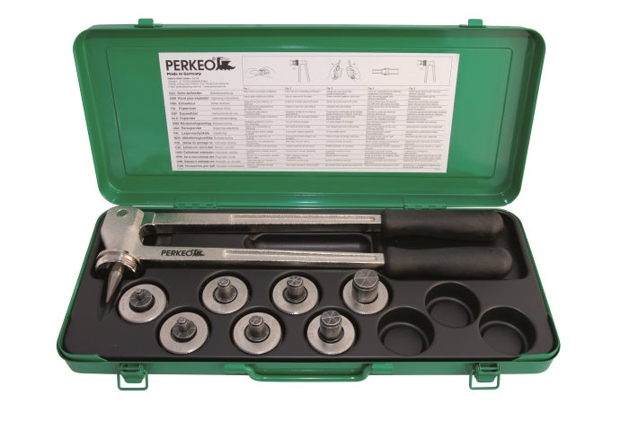Perkeo Rohr-Aufweiter Set im grünen Metallkoffer mit 7 Aufweitungsköpfen und Hand-Rohraufweiter.