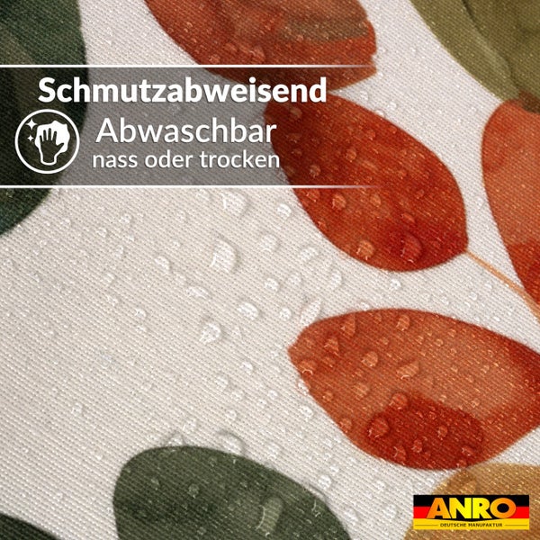 Schmutzabweisender und nass oder trocken abwaschbarer Stoff mit Blattmuster und Wassertropfen. ANRO Logo.