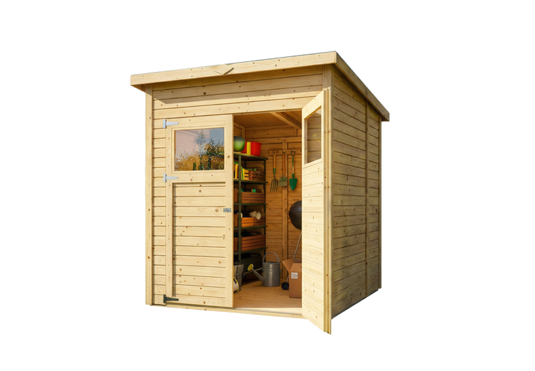 Gartenhaus aus Holz mit Pultdach und Doppeltür mit Fenster, Innenraum übersichtlich mit Regalen und Gartengeräten eingerichtet.