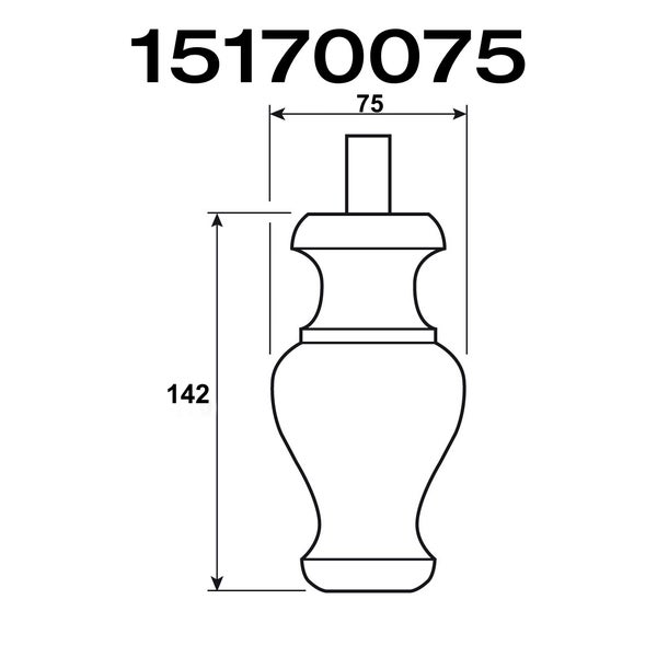 Technische Zeichnung eines Möbelfußes mit den Maßen 75 Millimeter Breite und 142 Millimeter Höhe